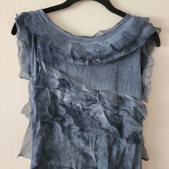 Made In Italy Silk Asymetrical Layered‎ Top One Size Washed Denim - Picture 7 of 9